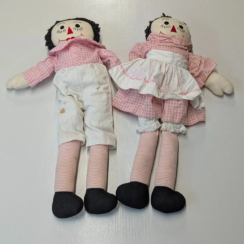 Vintage Hand Made Raggedy Ann and Andy Pink Gingham Large Size *Stains